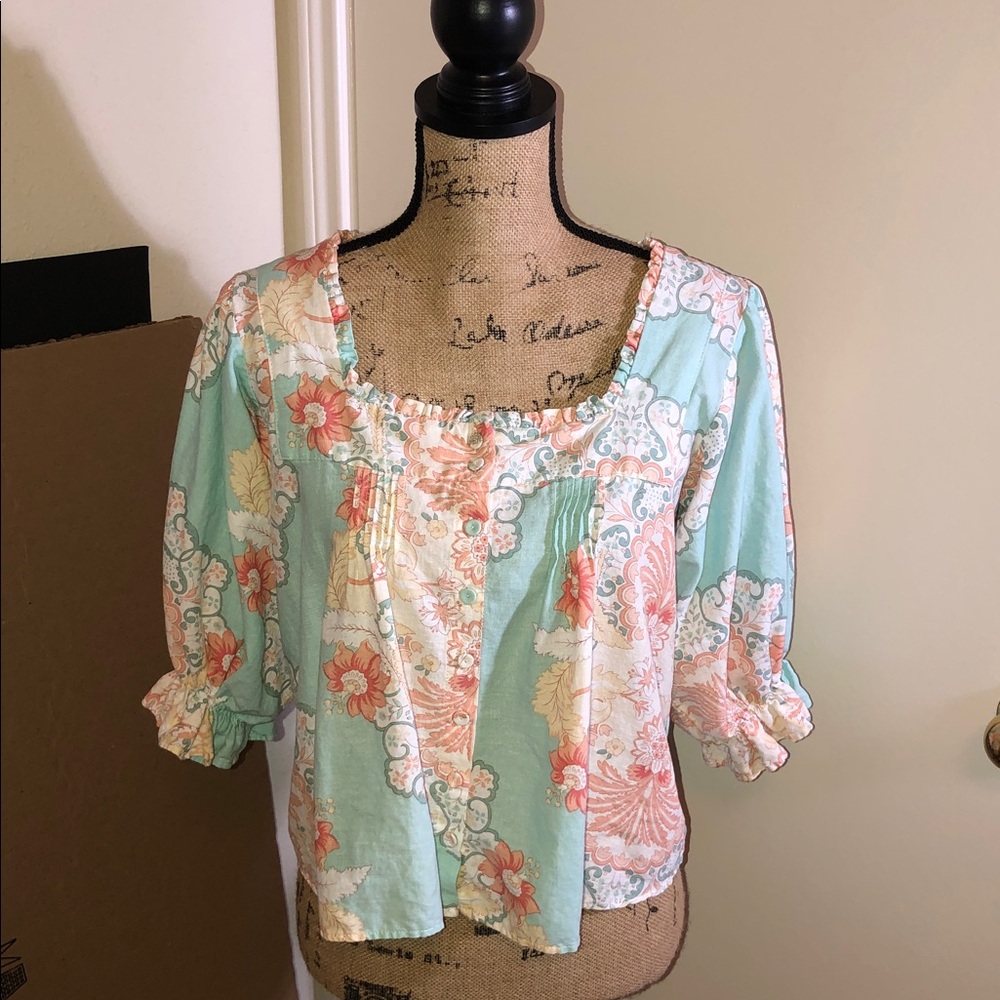 Joie smocked pastel paisley boho top size S